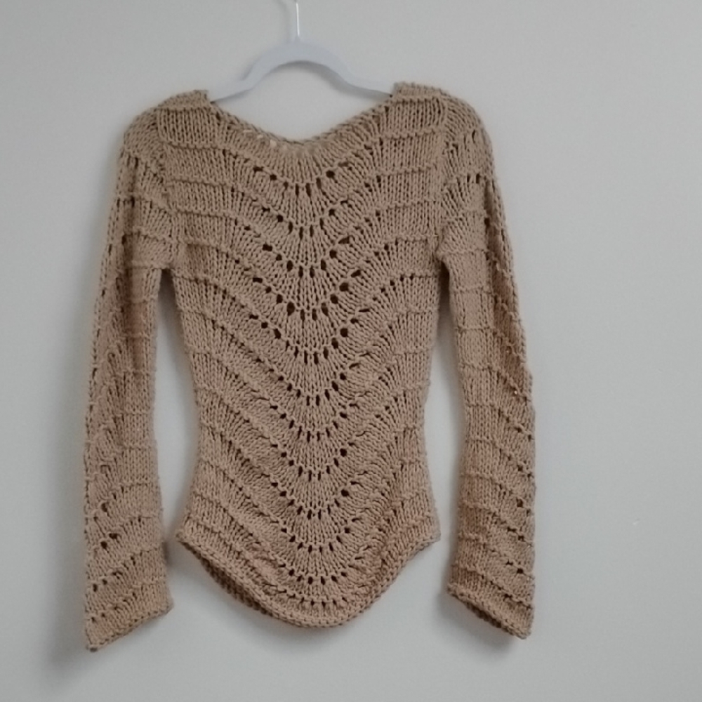 Y2K Boho Coquette Cottagecore Festival  Beach Tan Open Knit Tie Front Sweater - Picture 8 of 14